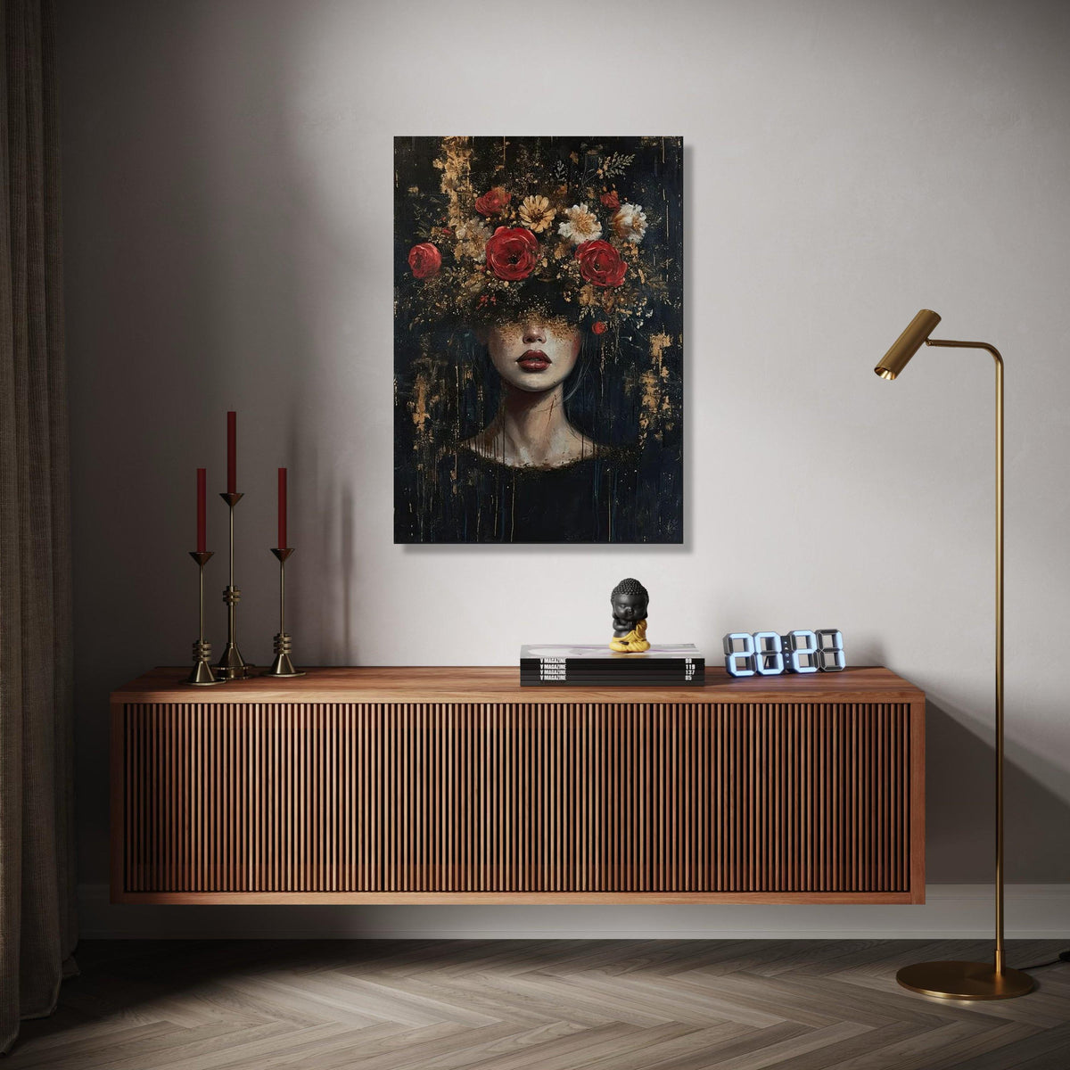 Dark Floral Portrait Canvas Wall Art, Woman with Flowers Painting, Abstract Female Face Decor, Contemporary Art Gift Art, Home Decor, Print