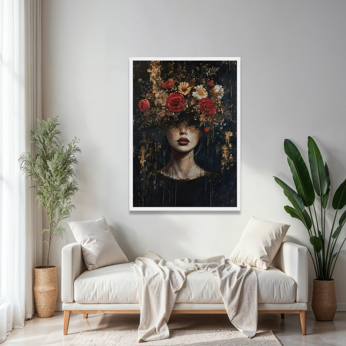 Dark Floral Portrait Canvas Wall Art, Woman with Flowers Painting, Abstract Female Face Decor, Contemporary Art Gift Art, Home Decor, Print