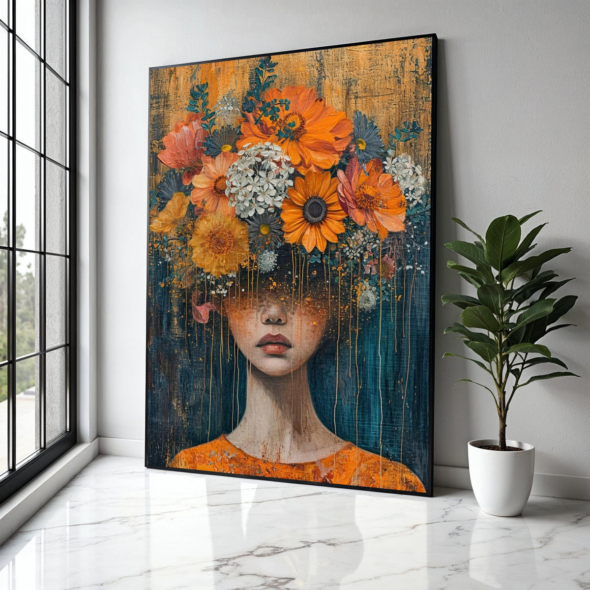 Surreal Floral Woman Portrait Canvas, Abstract Face Art, Flower Crown Wall Decor, Modern Artistic Canvas, Home Gift Art, Home Decor, Print