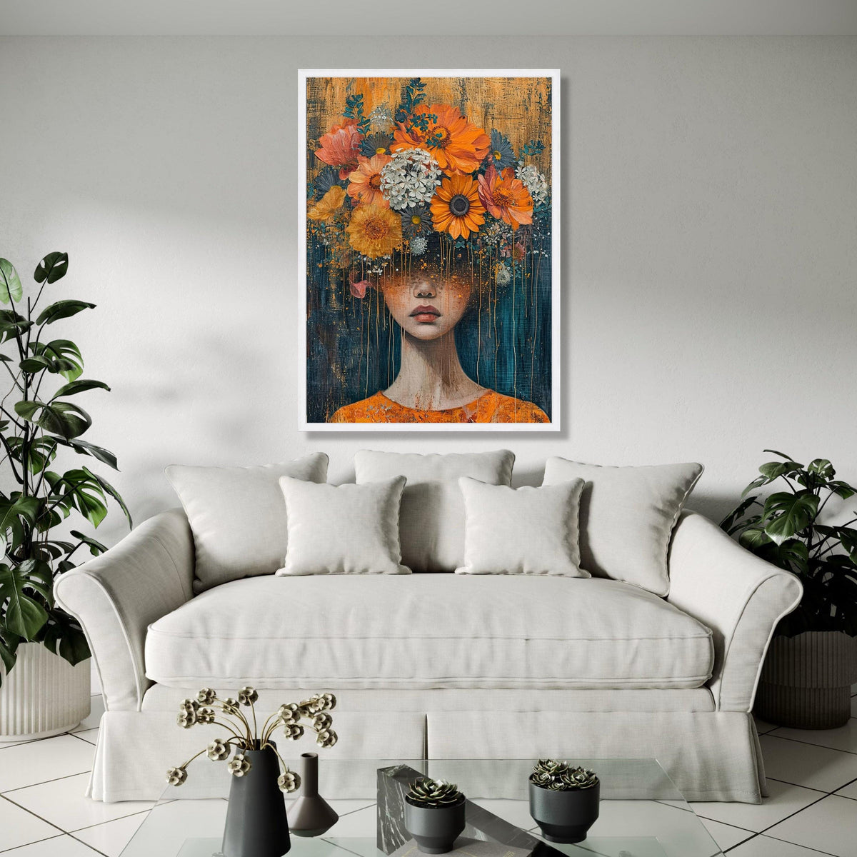 Surreal Floral Woman Portrait Canvas, Abstract Face Art, Flower Crown Wall Decor, Modern Artistic Canvas, Home Gift Art, Home Decor, Print
