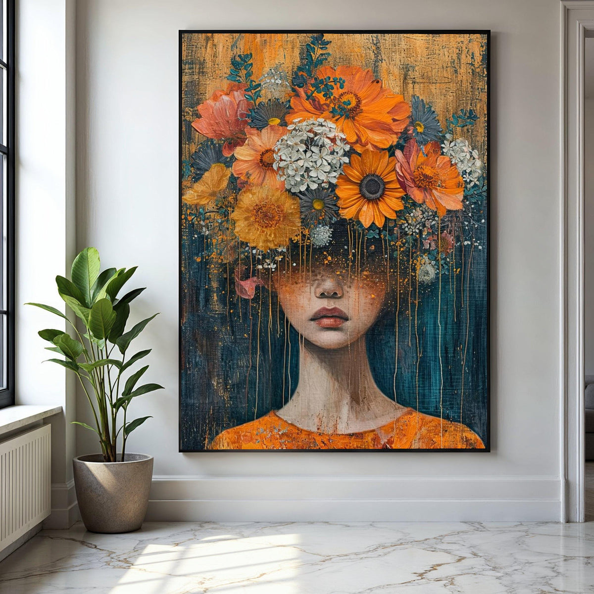 Surreal Floral Woman Portrait Canvas, Abstract Face Art, Flower Crown Wall Decor, Modern Artistic Canvas, Home Gift Art, Home Decor, Print
