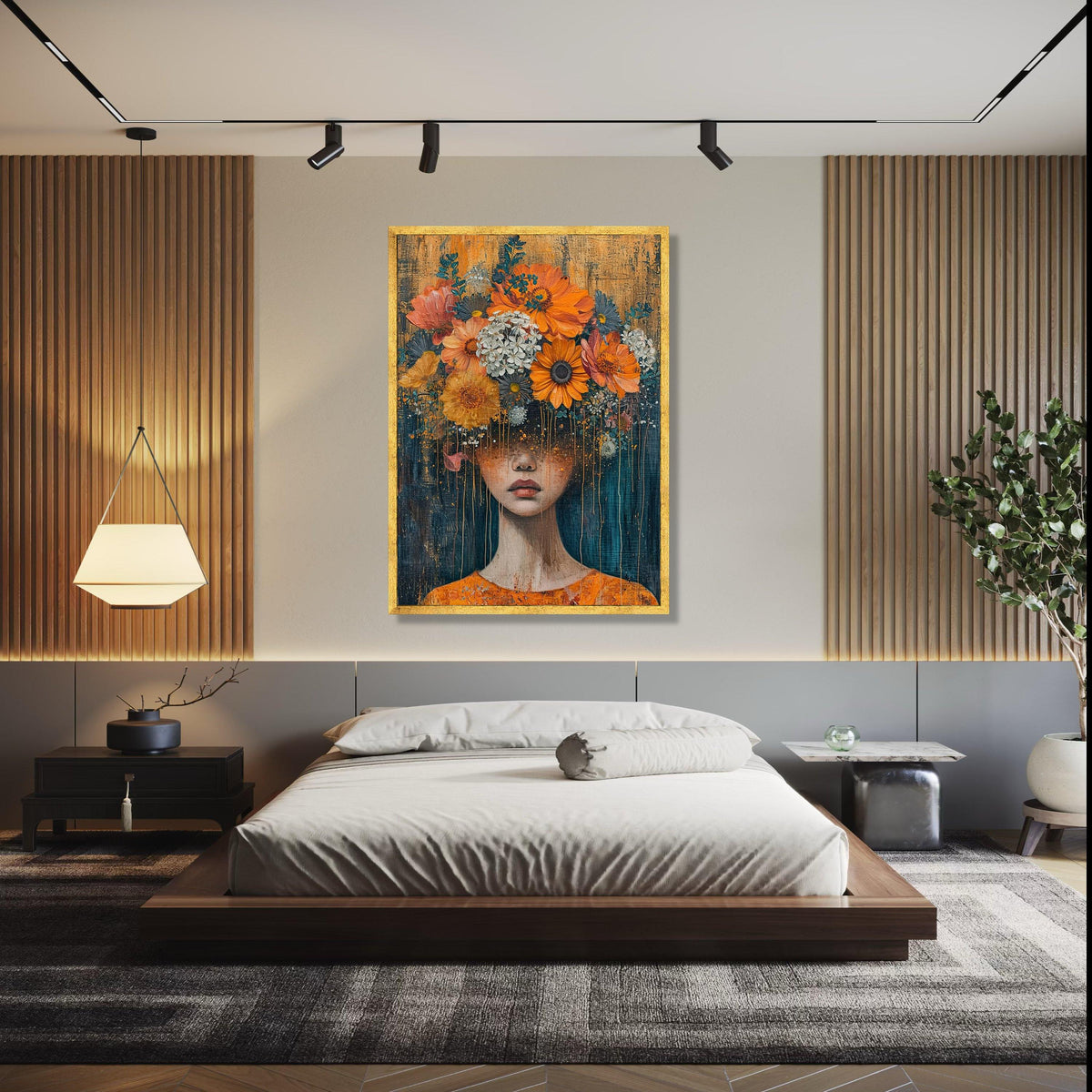 Surreal Floral Woman Portrait Canvas, Abstract Face Art, Flower Crown Wall Decor, Modern Artistic Canvas, Home Gift Art, Home Decor, Print