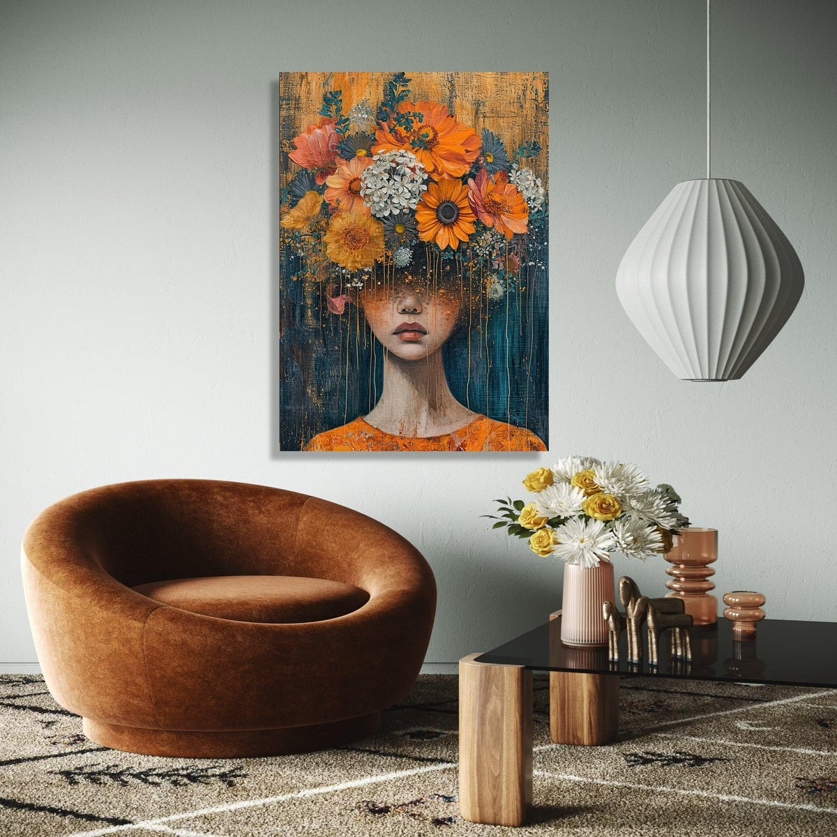 Surreal Floral Woman Portrait Canvas, Abstract Face Art, Flower Crown Wall Decor, Modern Artistic Canvas, Home Gift Art, Home Decor, Print