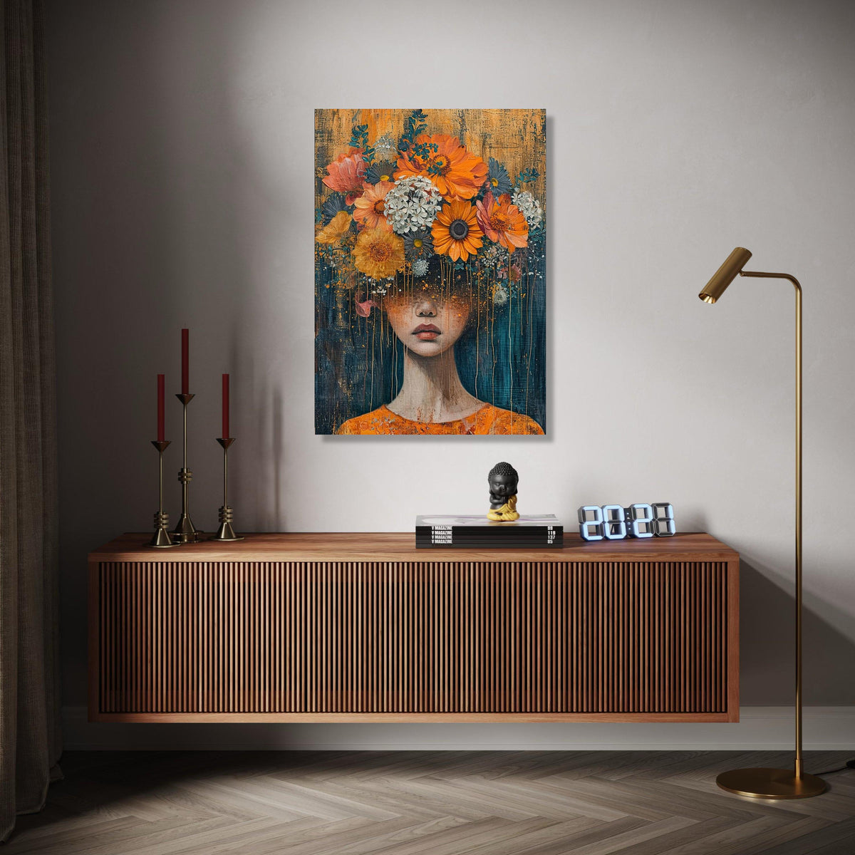 Surreal Floral Woman Portrait Canvas, Abstract Face Art, Flower Crown Wall Decor, Modern Artistic Canvas, Home Gift Art, Home Decor, Print