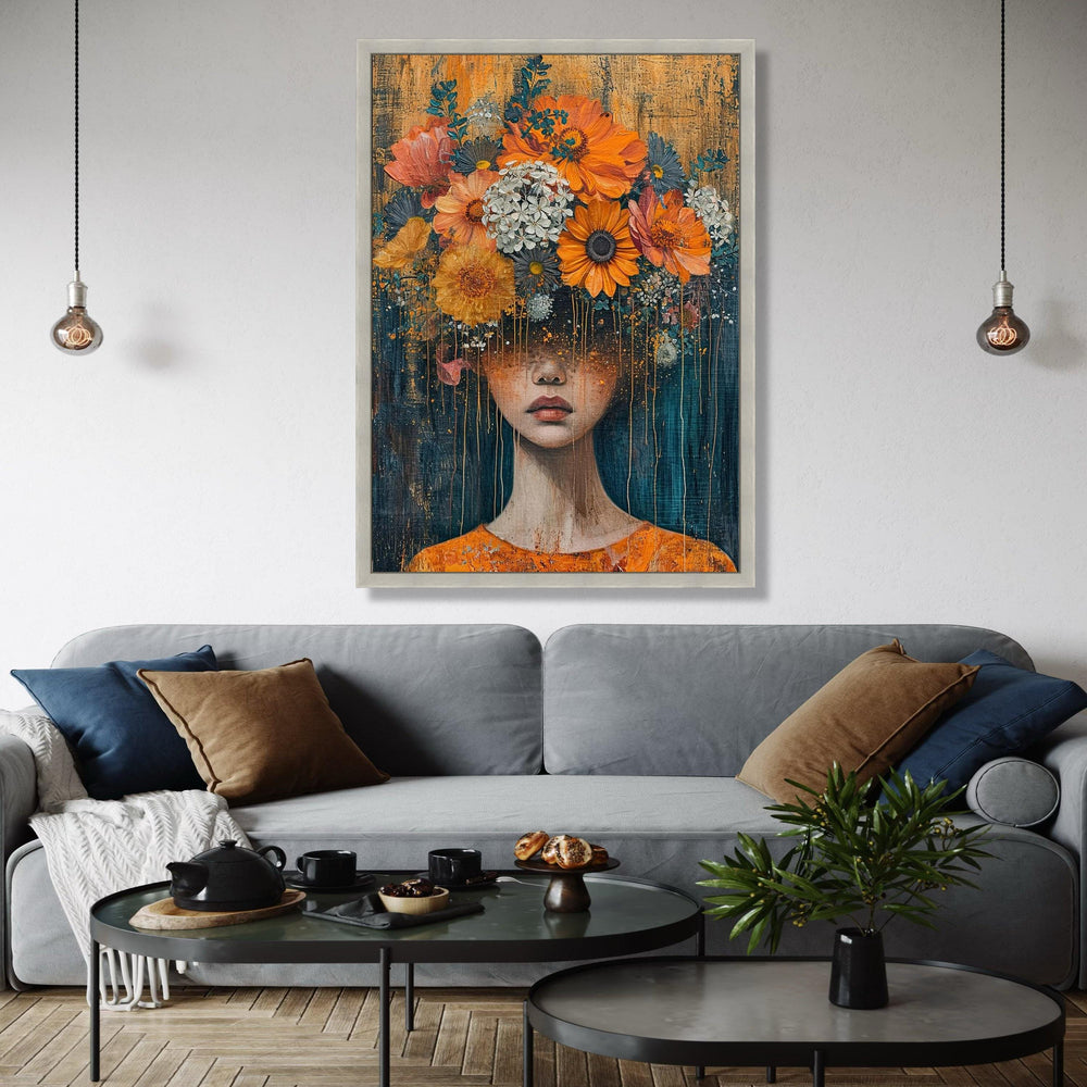 Surreal Floral Woman Portrait Canvas, Abstract Face Art, Flower Crown Wall Decor, Modern Artistic Canvas, Home Gift Art, Home Decor, Print