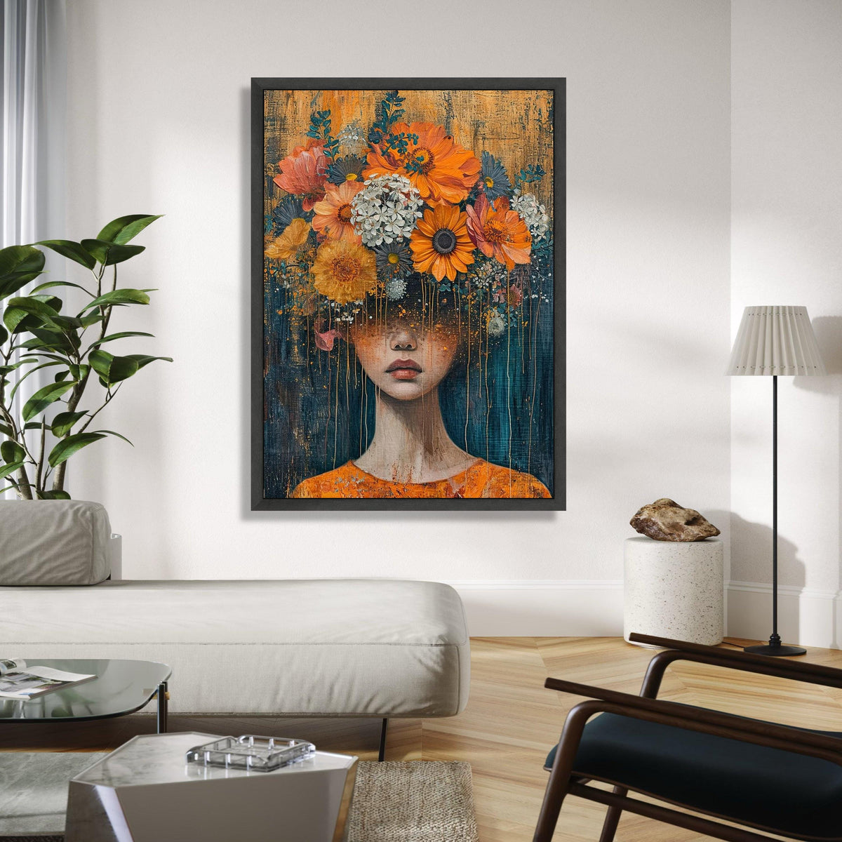 Surreal Floral Woman Portrait Canvas, Abstract Face Art, Flower Crown Wall Decor, Modern Artistic Canvas, Home Gift Art, Home Decor, Print