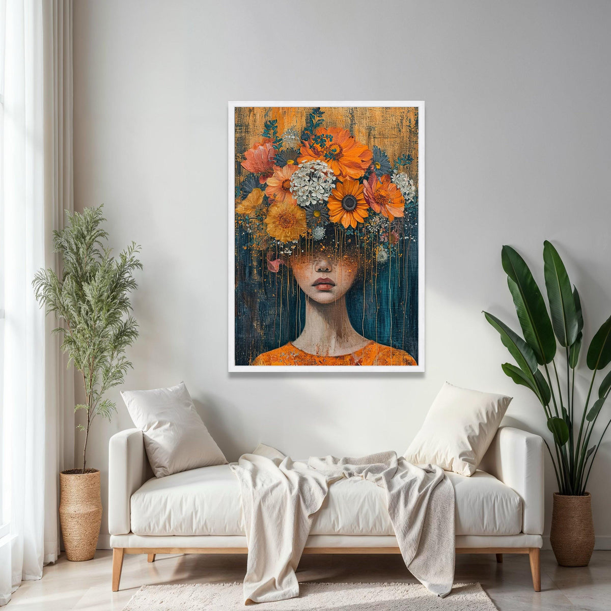 Surreal Floral Woman Portrait Canvas, Abstract Face Art, Flower Crown Wall Decor, Modern Artistic Canvas, Home Gift Art, Home Decor, Print