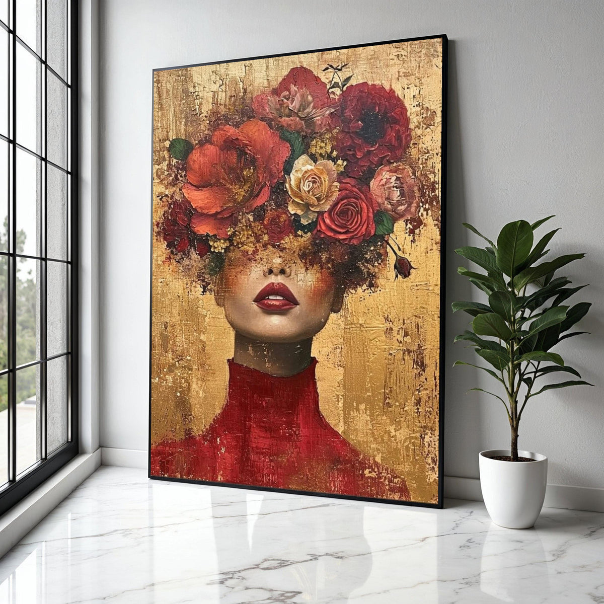 Elegant Woman Portrait with Floral Headpiece, Modern Canvas Wall Art, Abstract Face and Flowers, Bold Red and Gift Art, Home Decor, Print