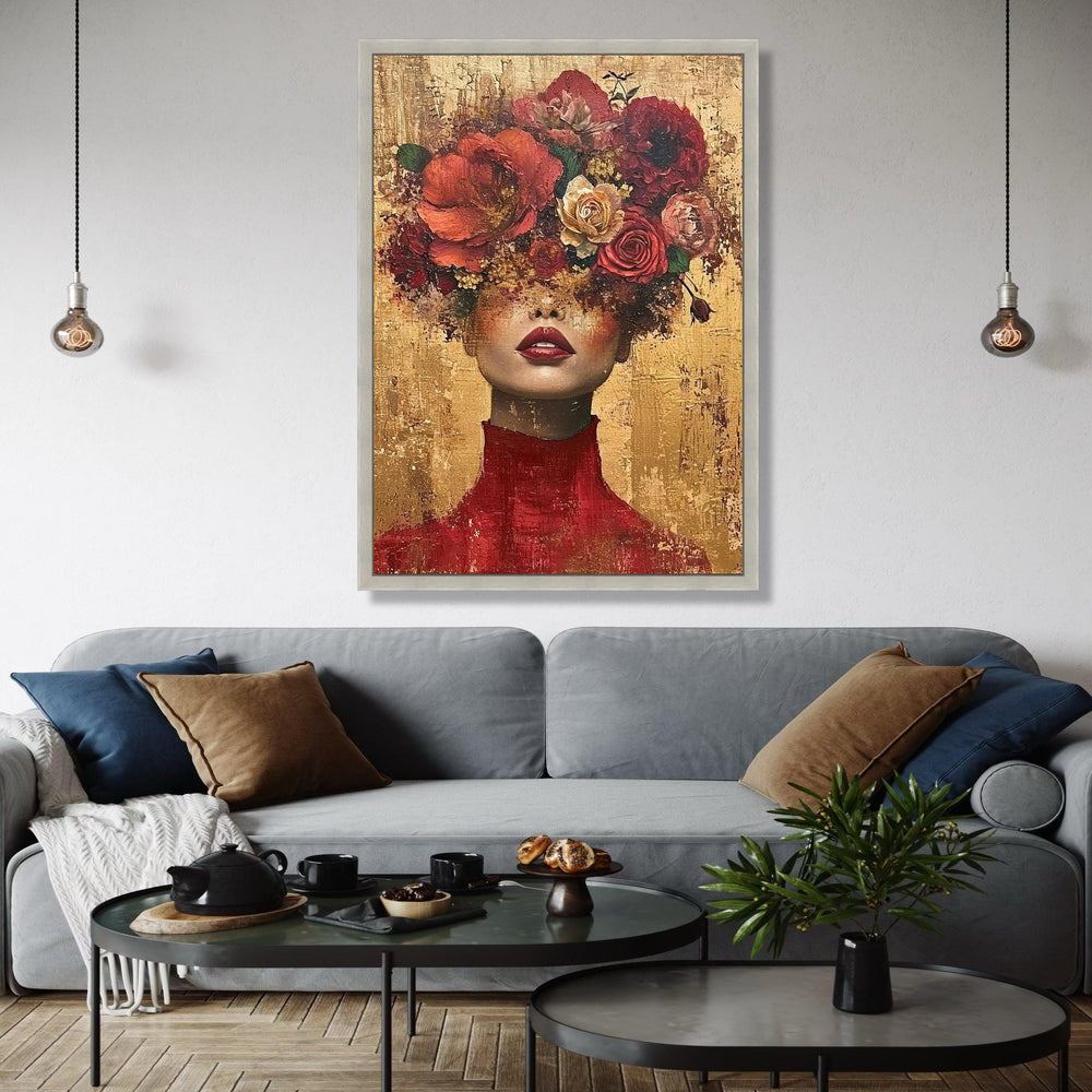 Elegant Woman Portrait with Floral Headpiece, Modern Canvas Wall Art, Abstract Face and Flowers, Bold Red and Gift Art, Home Decor, Print