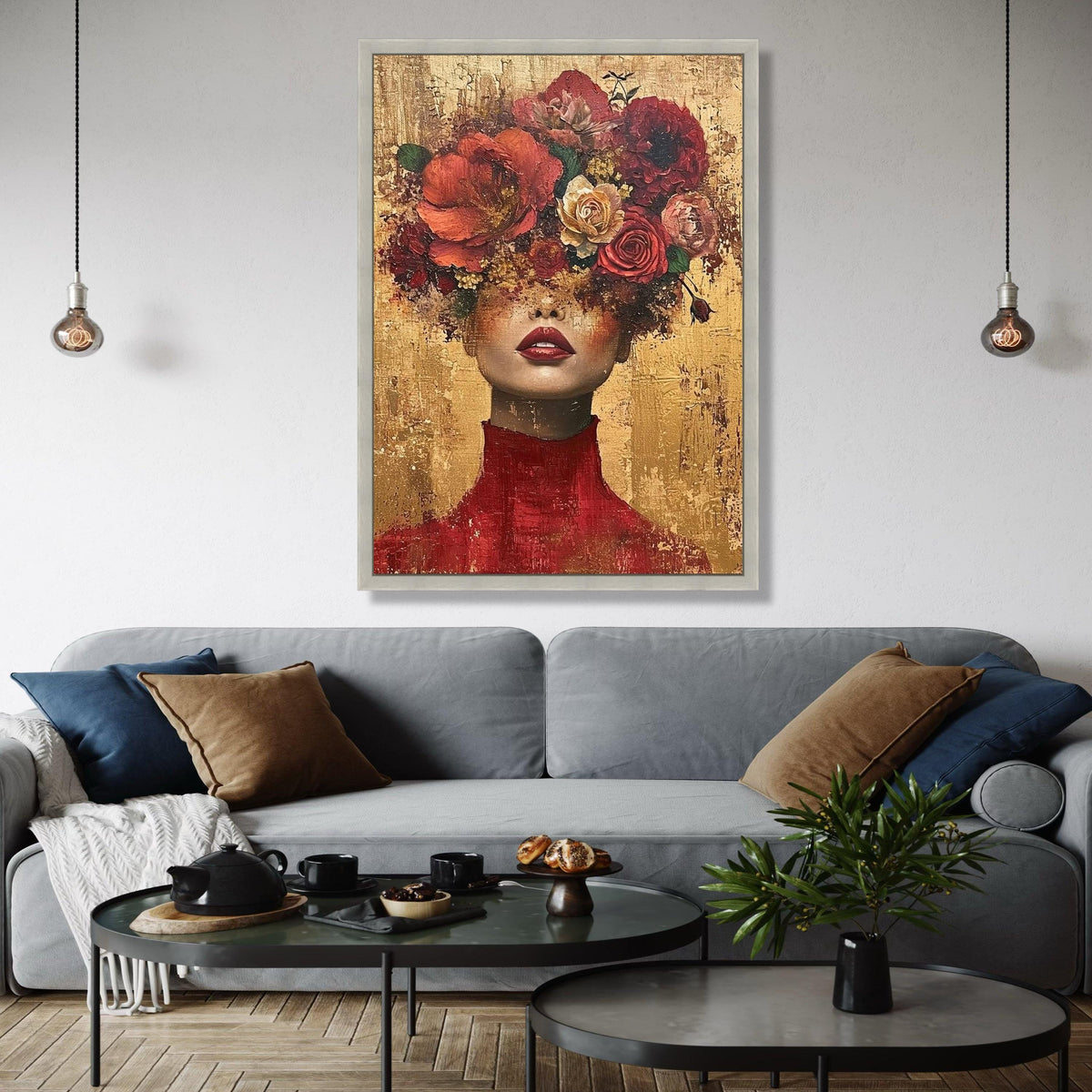 Elegant Woman Portrait with Floral Headpiece, Modern Canvas Wall Art, Abstract Face and Flowers, Bold Red and Gift Art, Home Decor, Print