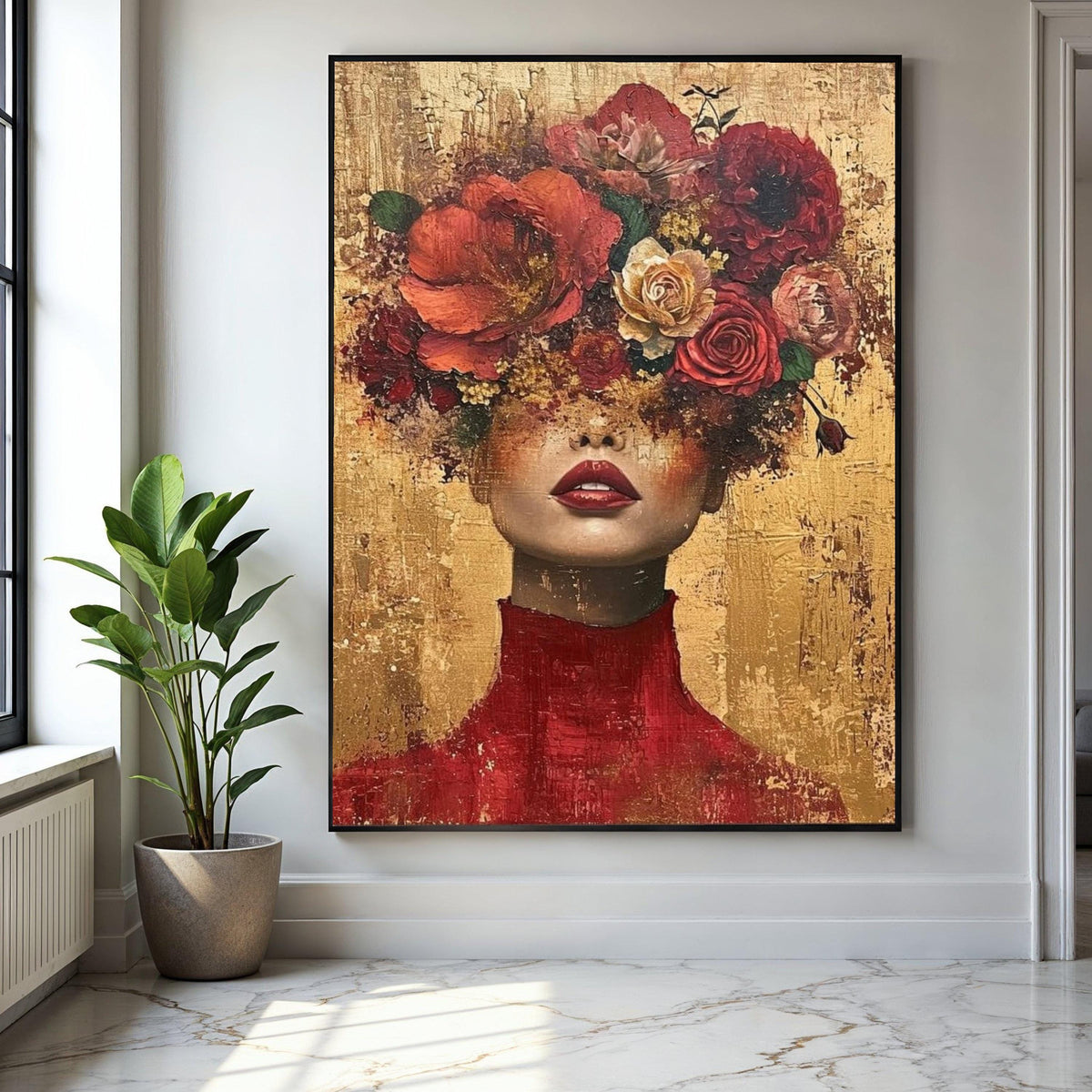 Elegant Woman Portrait with Floral Headpiece, Modern Canvas Wall Art, Abstract Face and Flowers, Bold Red and Gift Art, Home Decor, Print