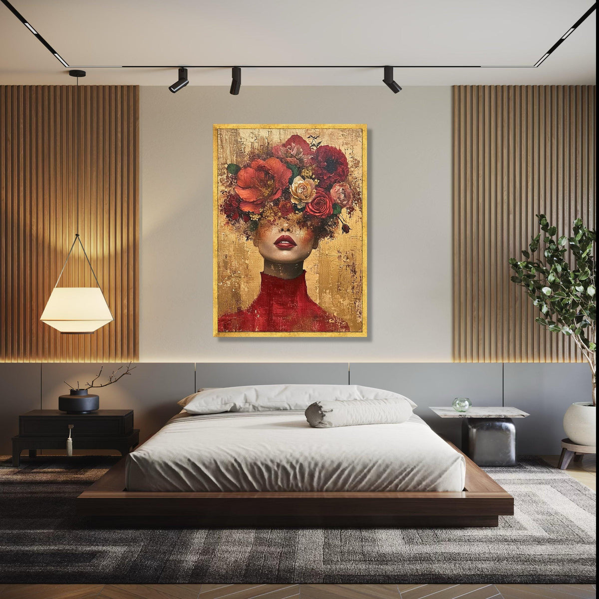 Elegant Woman Portrait with Floral Headpiece, Modern Canvas Wall Art, Abstract Face and Flowers, Bold Red and Gift Art, Home Decor, Print