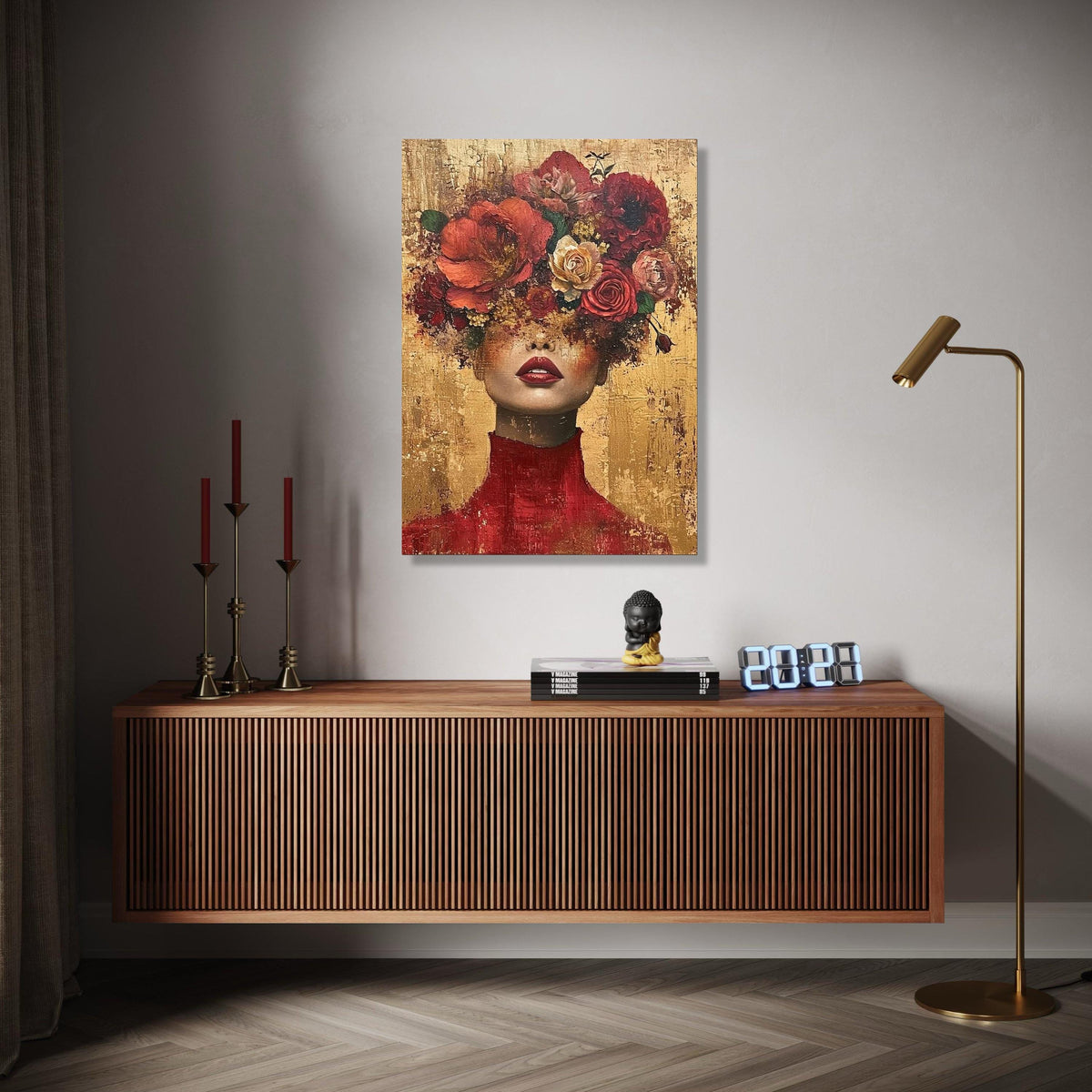 Elegant Woman Portrait with Floral Headpiece, Modern Canvas Wall Art, Abstract Face and Flowers, Bold Red and Gift Art, Home Decor, Print