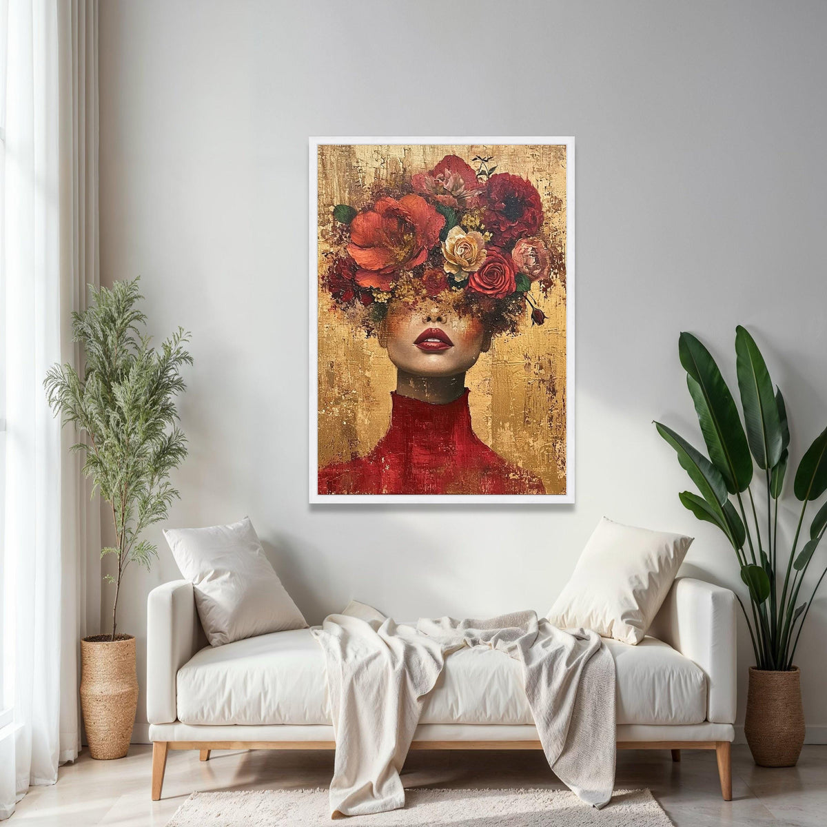 Elegant Woman Portrait with Floral Headpiece, Modern Canvas Wall Art, Abstract Face and Flowers, Bold Red and Gift Art, Home Decor, Print