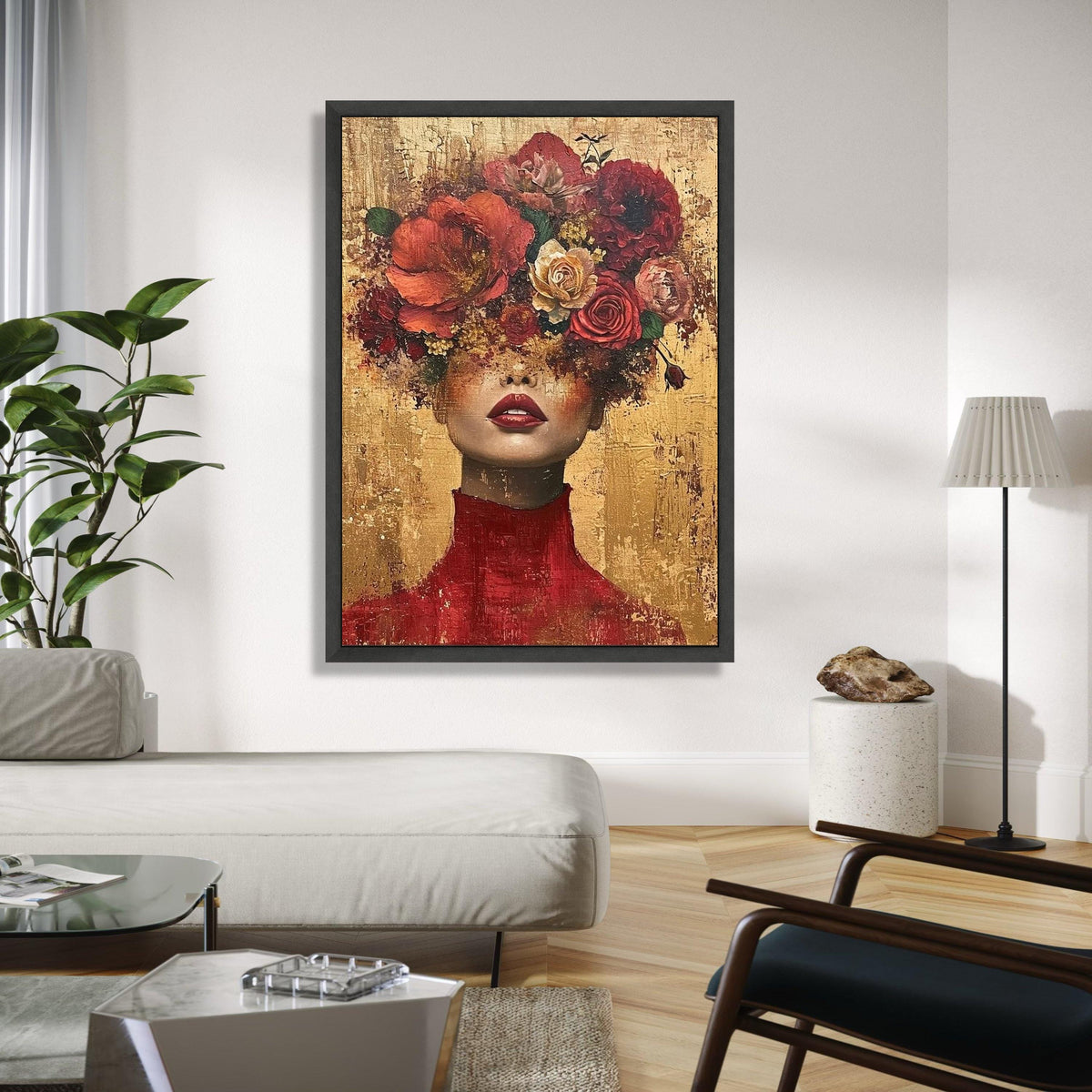 Elegant Woman Portrait with Floral Headpiece, Modern Canvas Wall Art, Abstract Face and Flowers, Bold Red and Gift Art, Home Decor, Print