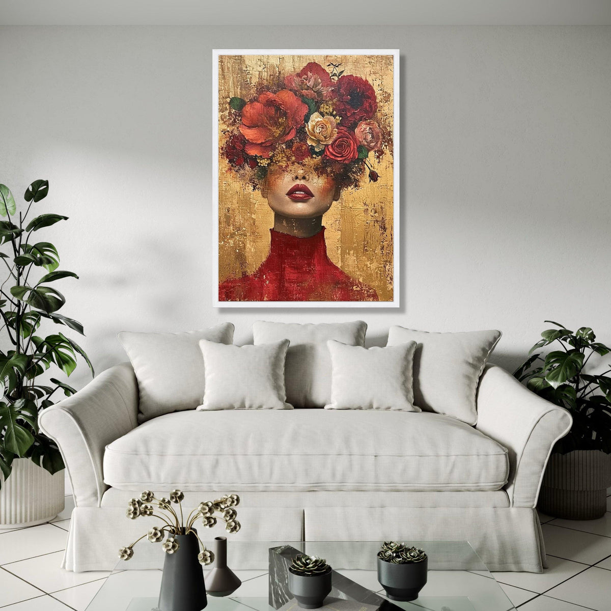 Elegant Woman Portrait with Floral Headpiece, Modern Canvas Wall Art, Abstract Face and Flowers, Bold Red and Gift Art, Home Decor, Print