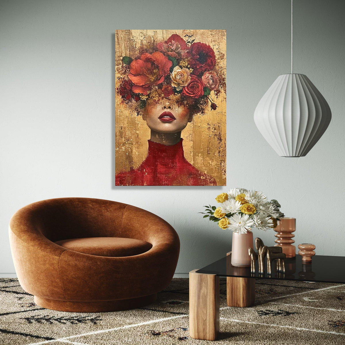 Elegant Woman Portrait with Floral Headpiece, Modern Canvas Wall Art, Abstract Face and Flowers, Bold Red and Gift Art, Home Decor, Print