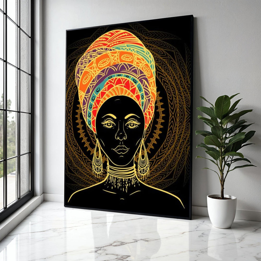 Vibrant African Woman Portrait Canvas, Ethnic Headwrap Wall Art, Tribal Face Painting Decor, Bold Colorful Gift Art, Home Decor, Print