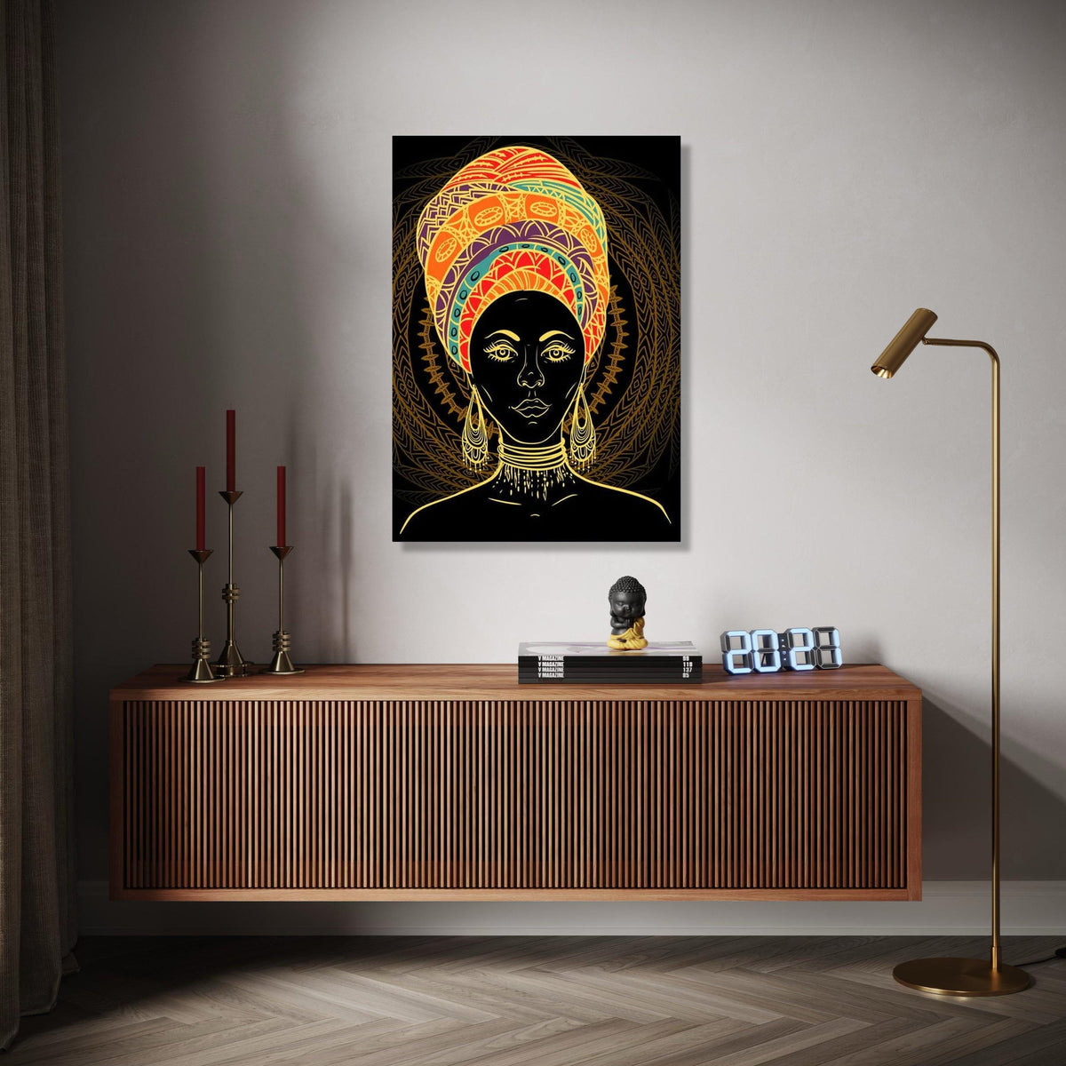 Vibrant African Woman Portrait Canvas, Ethnic Headwrap Wall Art, Tribal Face Painting Decor, Bold Colorful Gift Art, Home Decor, Print