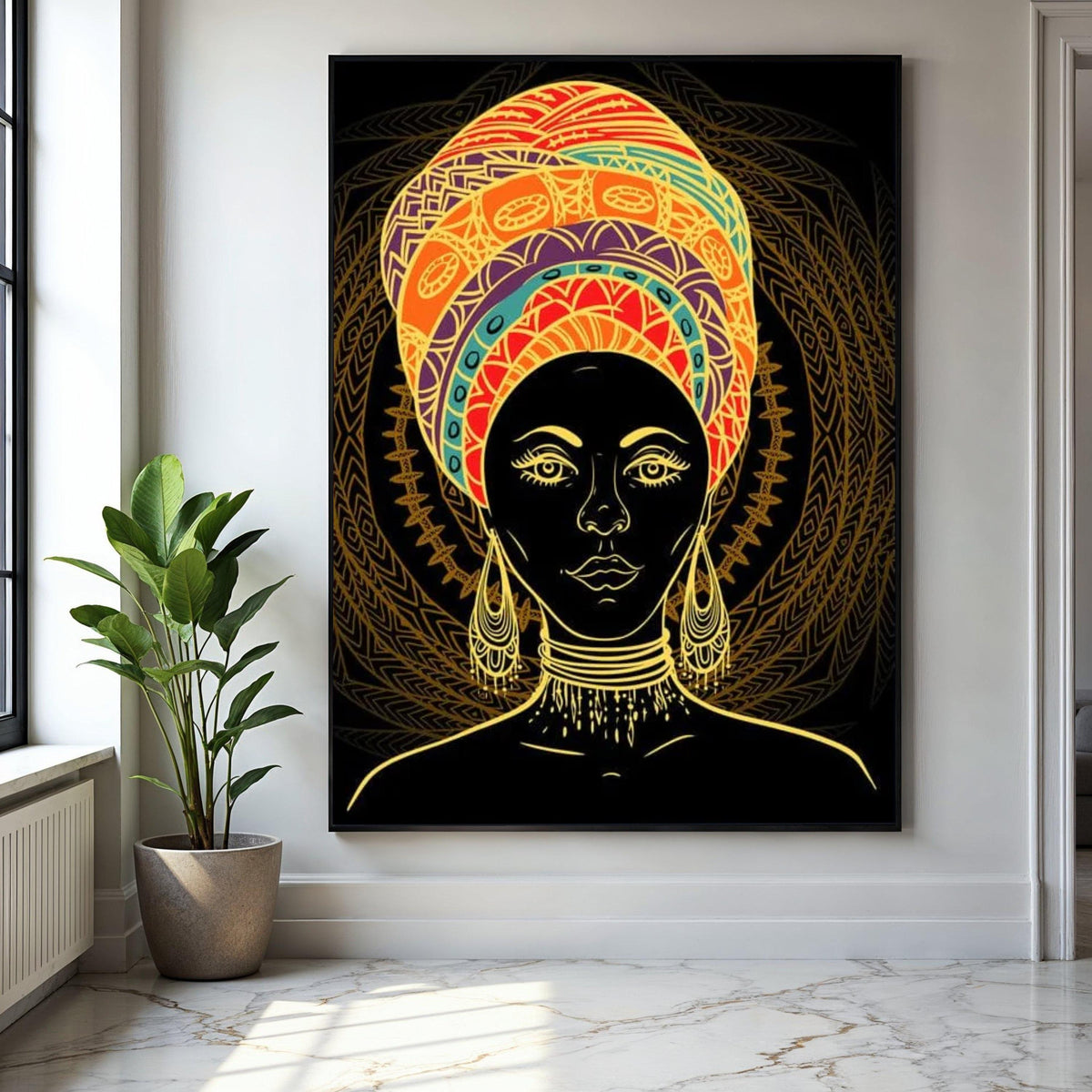 Vibrant African Woman Portrait Canvas, Ethnic Headwrap Wall Art, Tribal Face Painting Decor, Bold Colorful Gift Art, Home Decor, Print