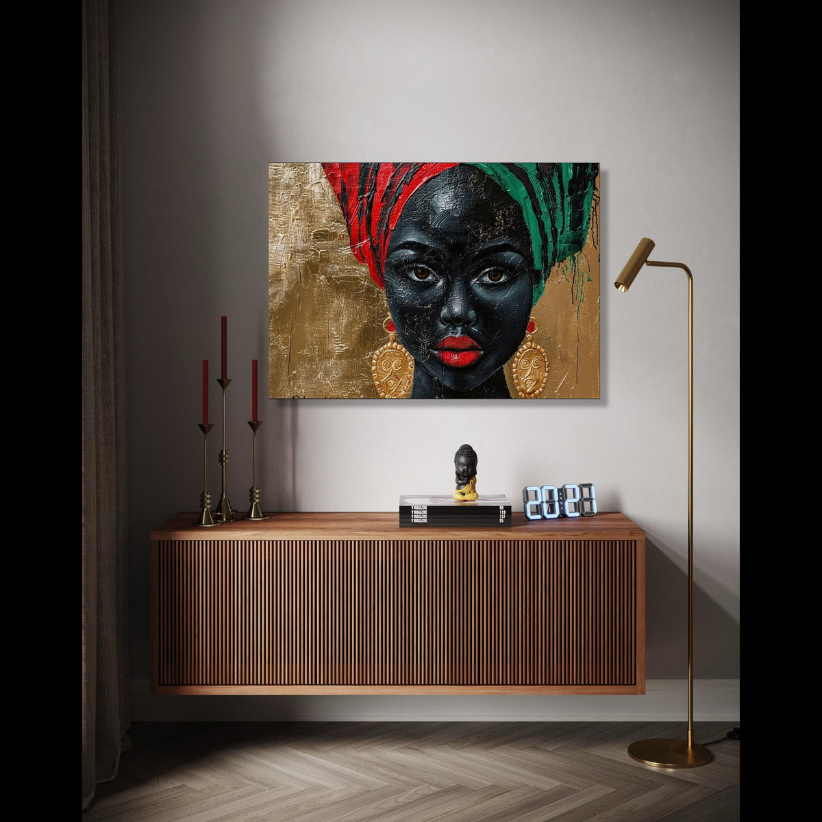 Elegant African Woman Portrait Canvas, Bold Colorful Headwrap Wall Art, Face Painting Canvas, Modern Ethnic Home Gift Art, Home Decor, Print