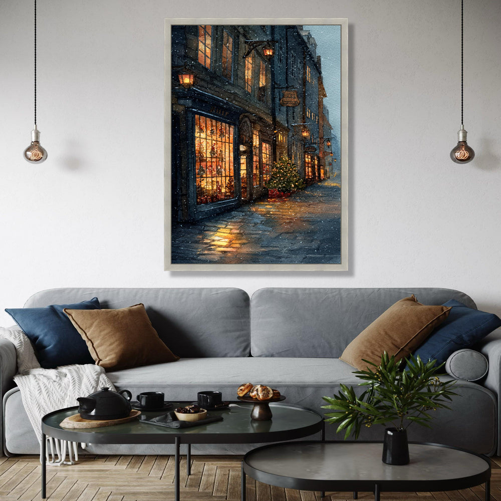 Cozy Snowy Street Scene Canvas, Warm Holiday Shopfront Art, Christmas Tree Lights, Winter Evening Wall Decor, Gift Art, Home Decor, Print