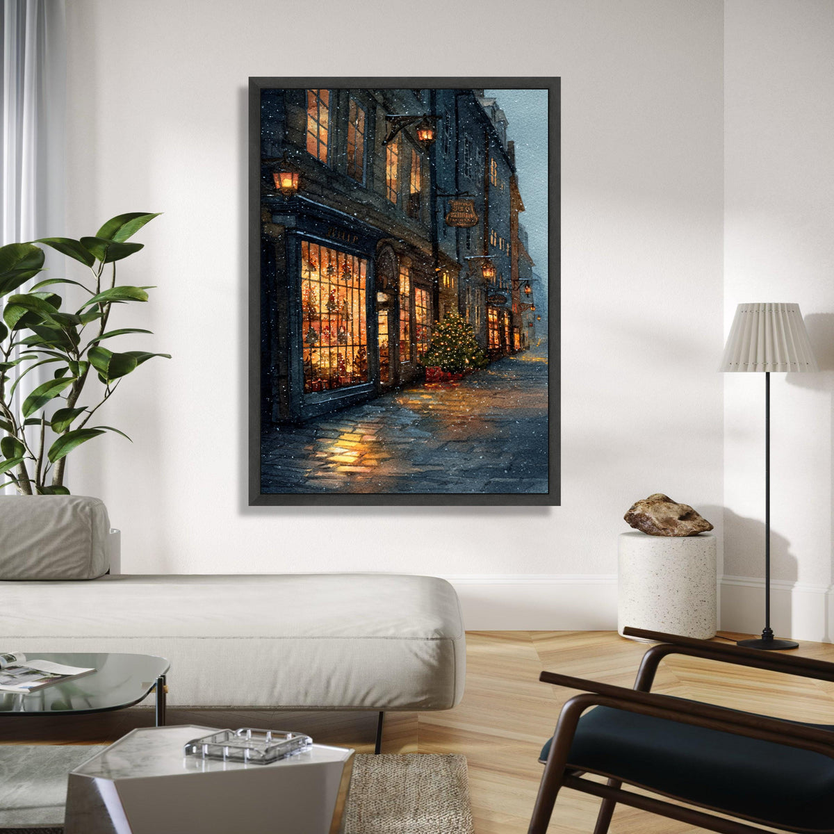 Cozy Snowy Street Scene Canvas, Warm Holiday Shopfront Art, Christmas Tree Lights, Winter Evening Wall Decor, Gift Art, Home Decor, Print
