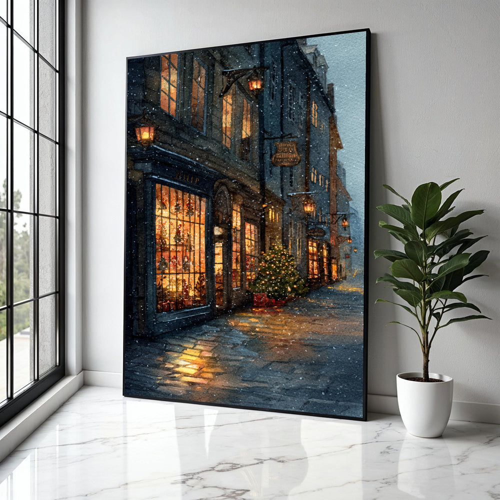 Cozy Snowy Street Scene Canvas, Warm Holiday Shopfront Art, Christmas Tree Lights, Winter Evening Wall Decor, Gift Art, Home Decor, Print