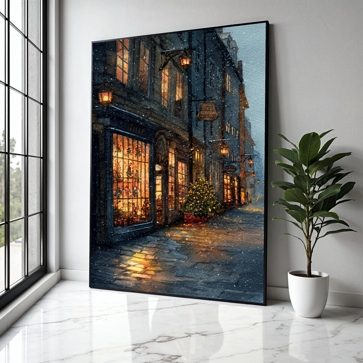 Cozy Snowy Street Scene Canvas, Warm Holiday Shopfront Art, Christmas Tree Lights, Winter Evening Wall Decor, Gift Art, Home Decor, Print
