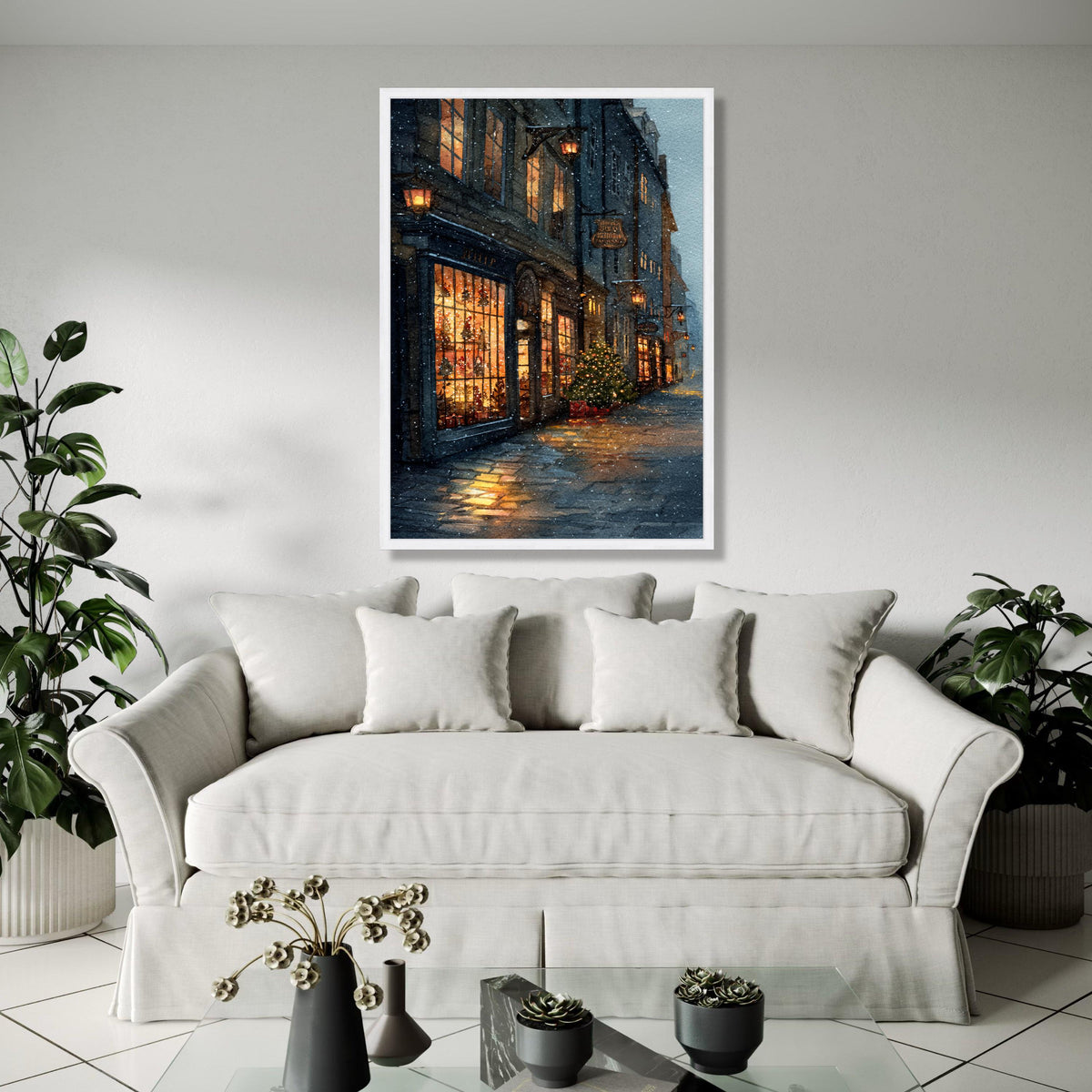 Cozy Snowy Street Scene Canvas, Warm Holiday Shopfront Art, Christmas Tree Lights, Winter Evening Wall Decor, Gift Art, Home Decor, Print