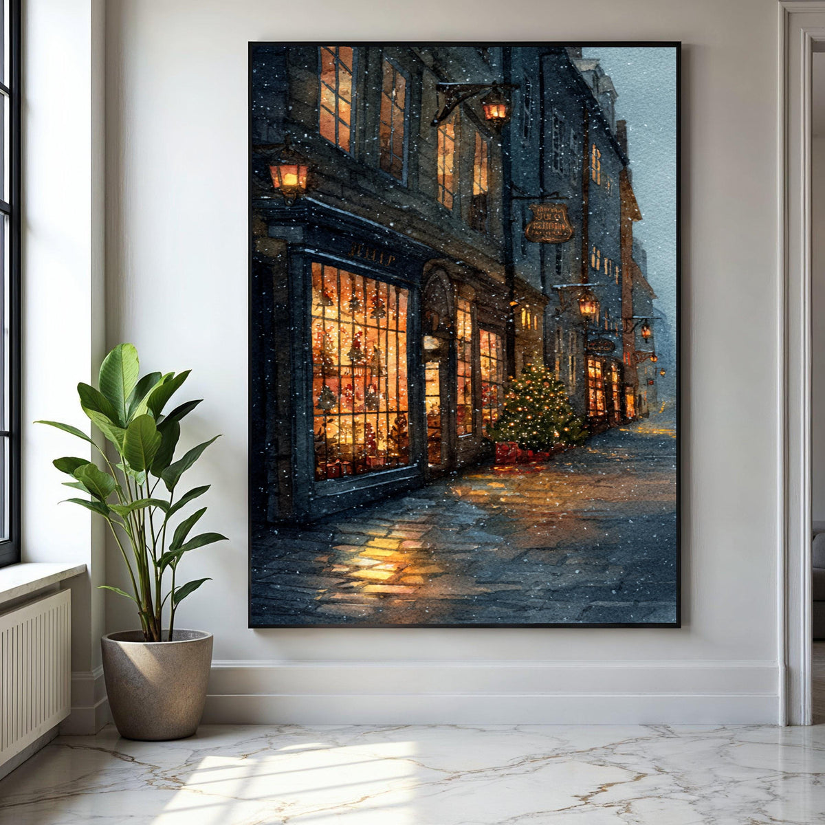 Cozy Snowy Street Scene Canvas, Warm Holiday Shopfront Art, Christmas Tree Lights, Winter Evening Wall Decor, Gift Art, Home Decor, Print