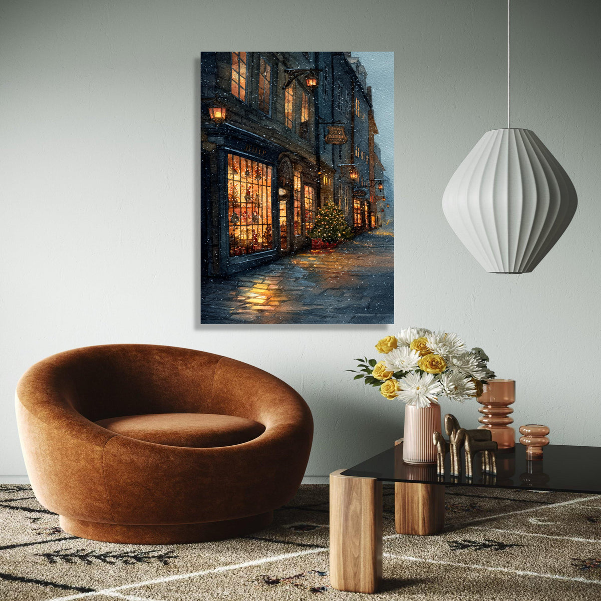 Cozy Snowy Street Scene Canvas, Warm Holiday Shopfront Art, Christmas Tree Lights, Winter Evening Wall Decor, Gift Art, Home Decor, Print