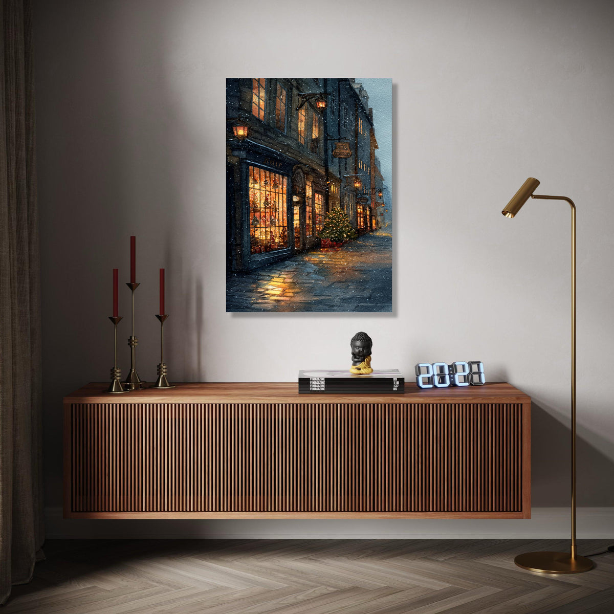 Cozy Snowy Street Scene Canvas, Warm Holiday Shopfront Art, Christmas Tree Lights, Winter Evening Wall Decor, Gift Art, Home Decor, Print