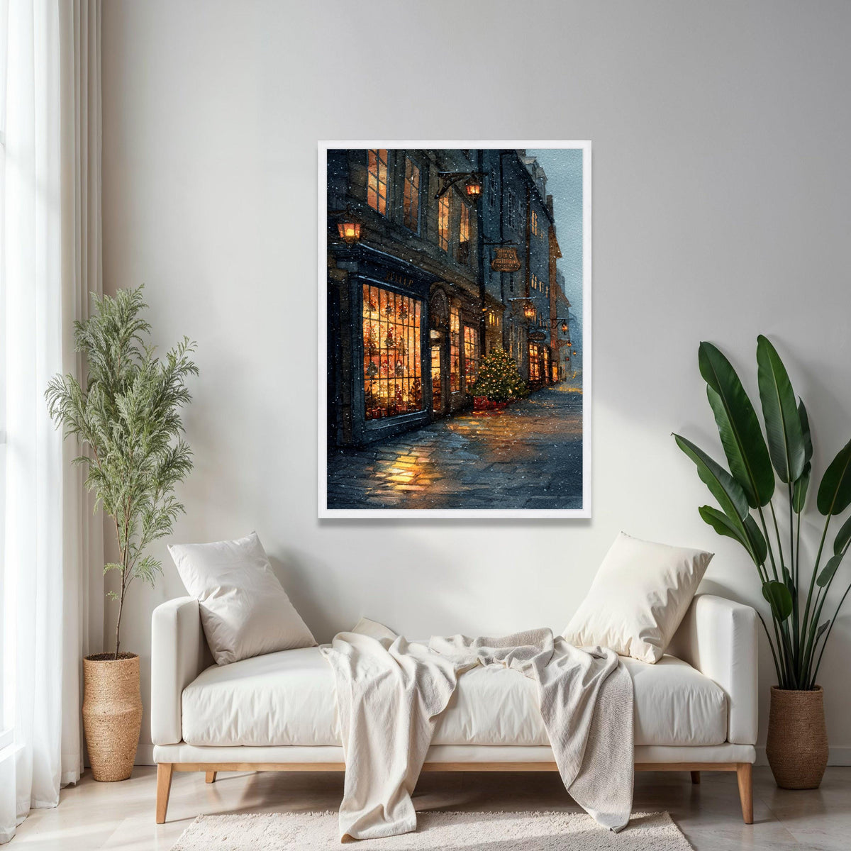 Cozy Snowy Street Scene Canvas, Warm Holiday Shopfront Art, Christmas Tree Lights, Winter Evening Wall Decor, Gift Art, Home Decor, Print