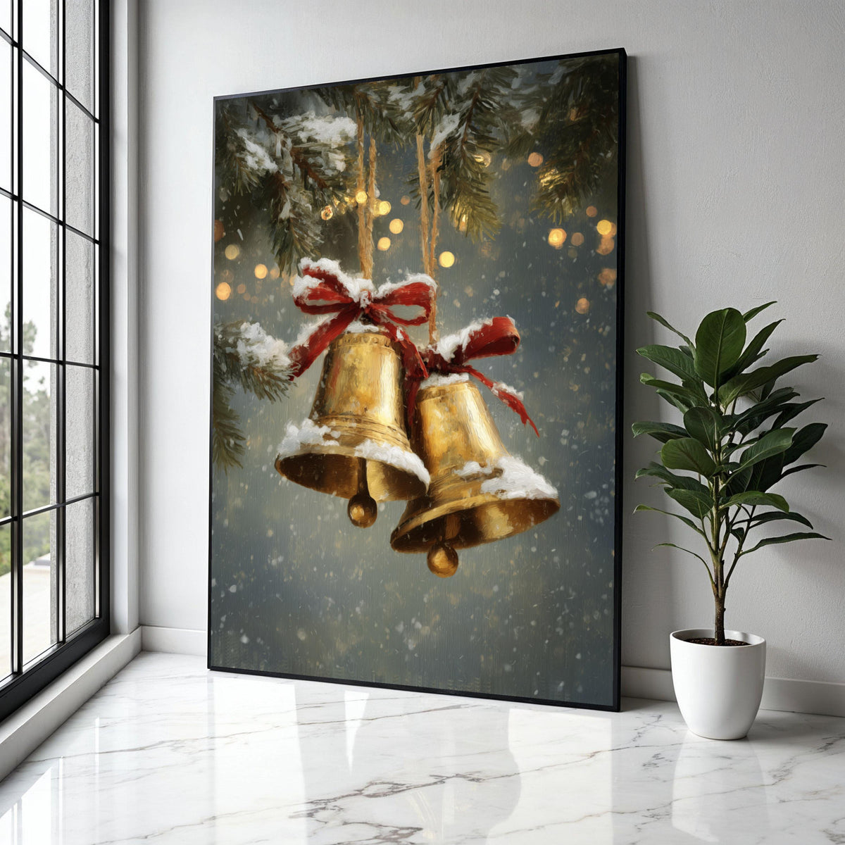 Vintage Christmas Bells Canvas, Snowy Holiday Decoration, Festive Red Bow Wall Art, Winter Pine Branch Canvas, Gift Art, Home Decor, Print