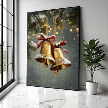 Vintage Christmas Bells Canvas, Snowy Holiday Decoration, Festive Red Bow Wall Art, Winter Pine Branch Canvas, Gift Art, Home Decor, Print