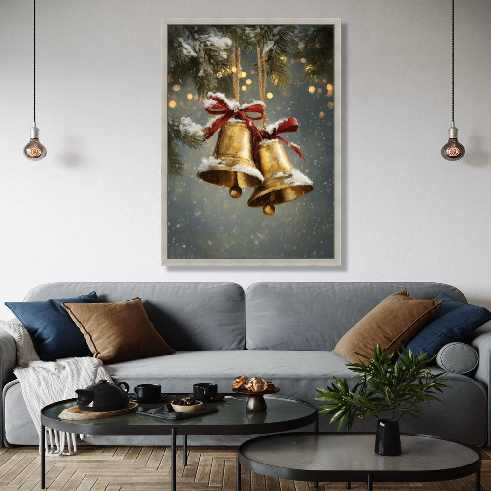 Vintage Christmas Bells Canvas, Snowy Holiday Decoration, Festive Red Bow Wall Art, Winter Pine Branch Canvas, Gift Art, Home Decor, Print