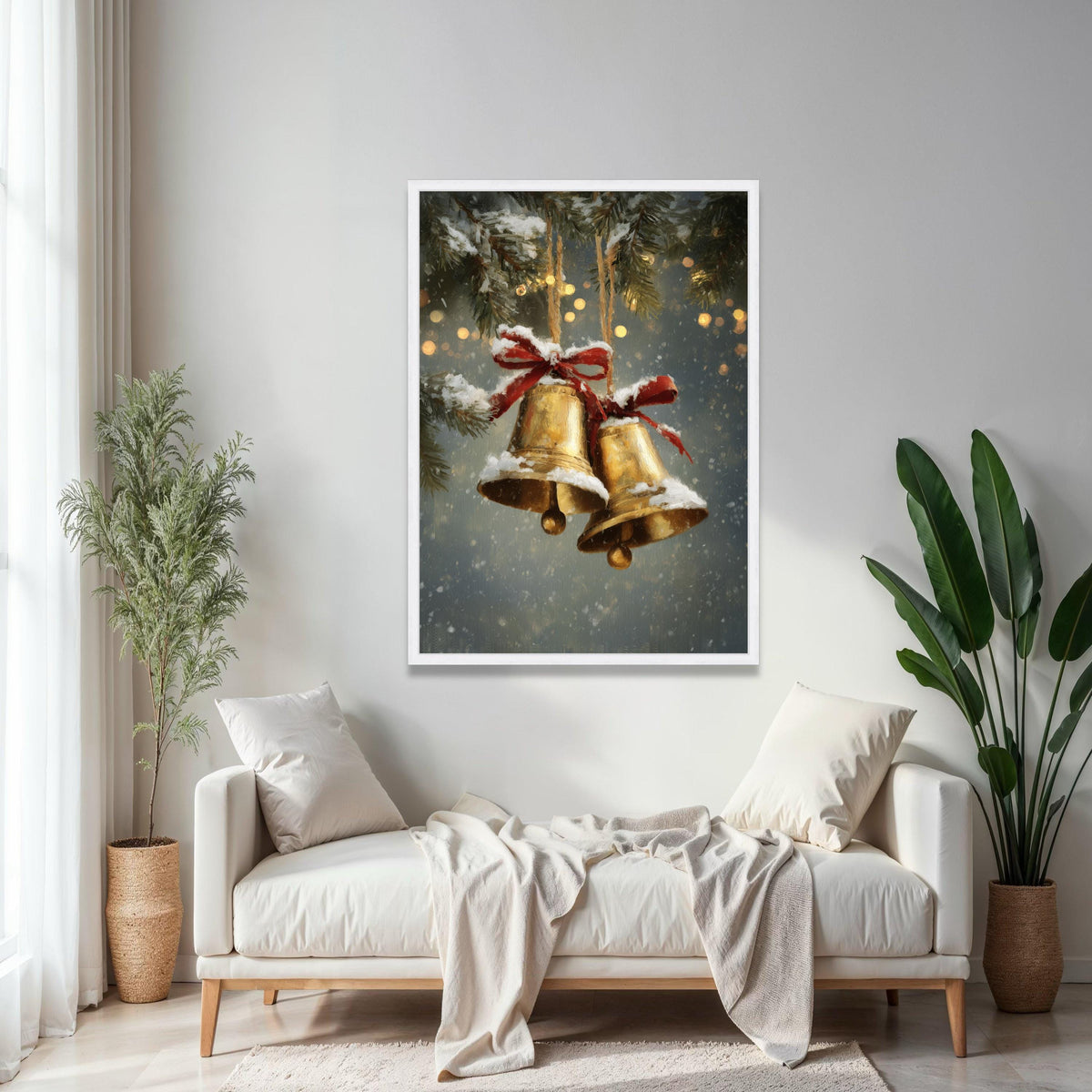 Vintage Christmas Bells Canvas, Snowy Holiday Decoration, Festive Red Bow Wall Art, Winter Pine Branch Canvas, Gift Art, Home Decor, Print