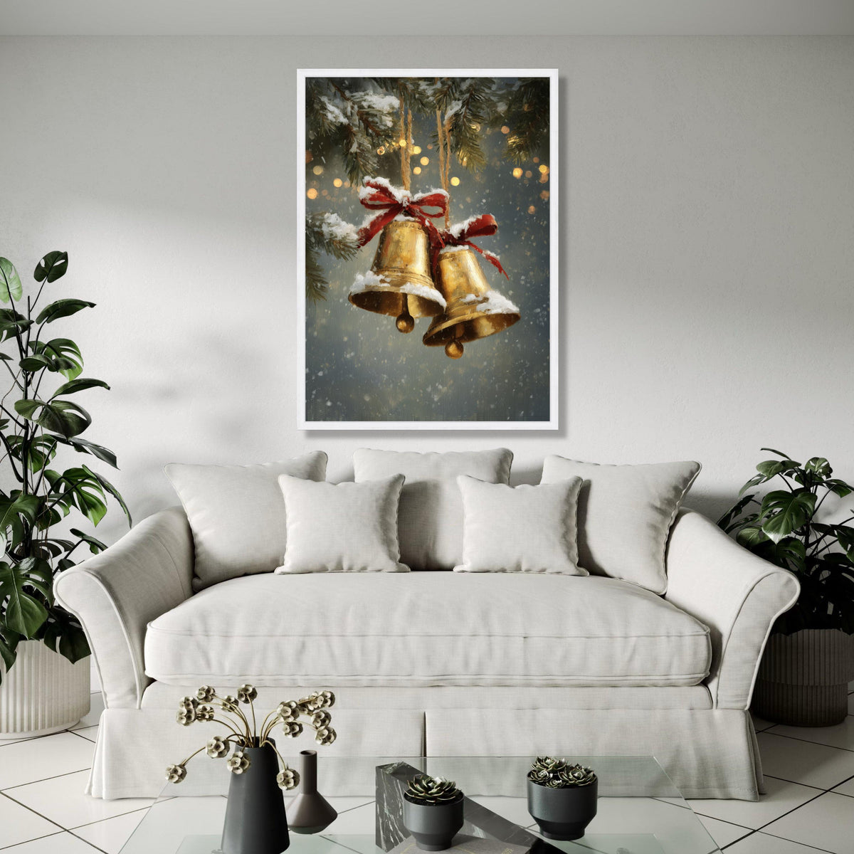 Vintage Christmas Bells Canvas, Snowy Holiday Decoration, Festive Red Bow Wall Art, Winter Pine Branch Canvas, Gift Art, Home Decor, Print