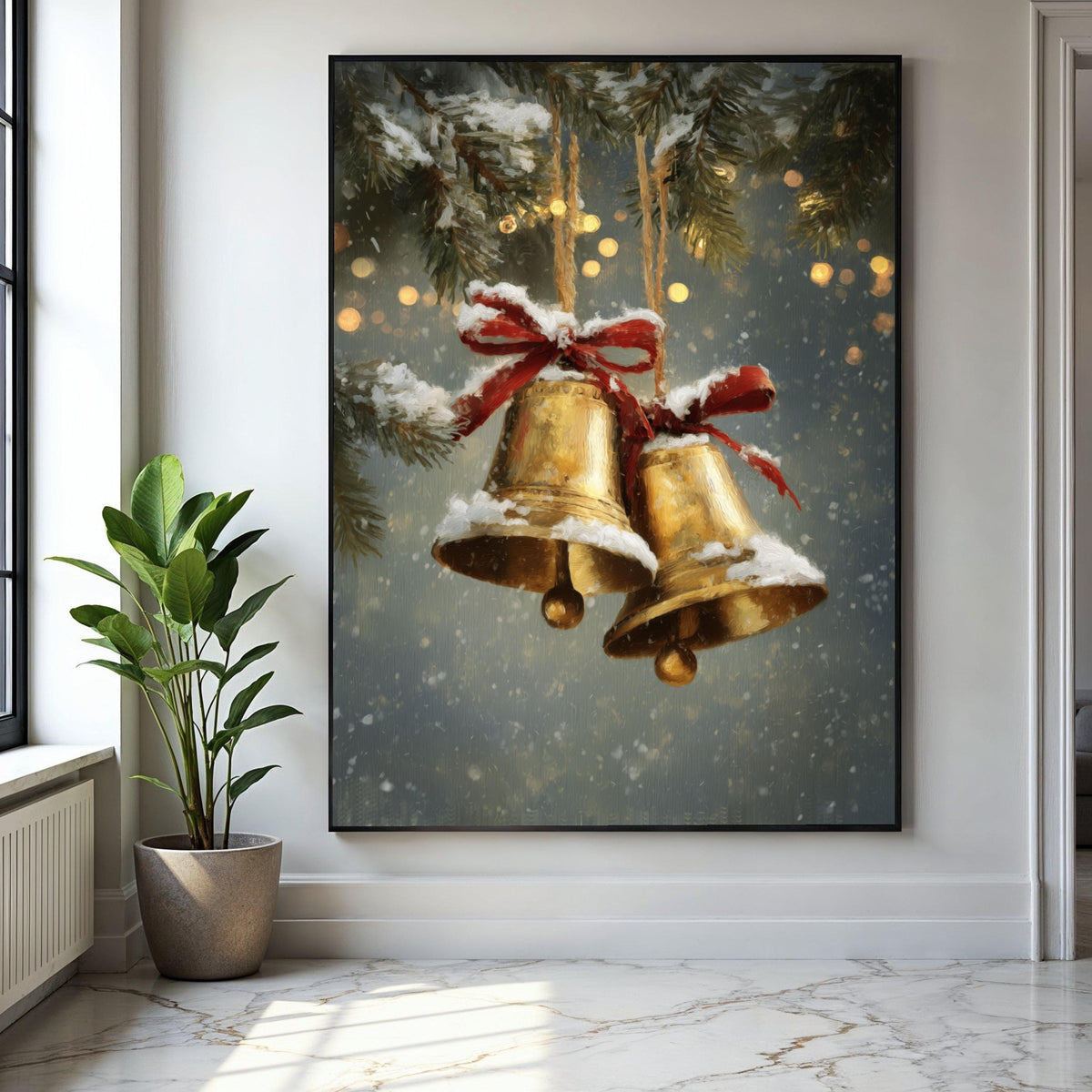 Vintage Christmas Bells Canvas, Snowy Holiday Decoration, Festive Red Bow Wall Art, Winter Pine Branch Canvas, Gift Art, Home Decor, Print