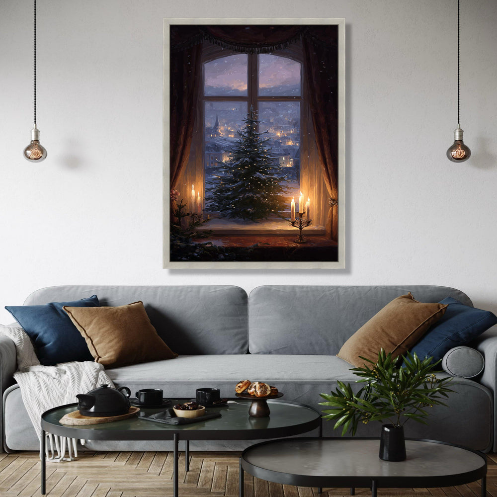 Cozy Winter Window Scene Canvas, Christmas Tree with Lights, Candlelit Holiday Decor, Snowy Village Landscape, Gift Art, Home Decor, Print
