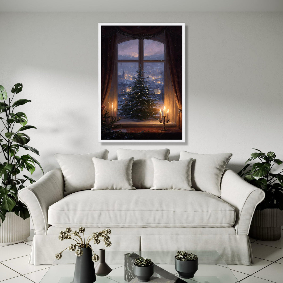 Cozy Winter Window Scene Canvas, Christmas Tree with Lights, Candlelit Holiday Decor, Snowy Village Landscape, Gift Art, Home Decor, Print