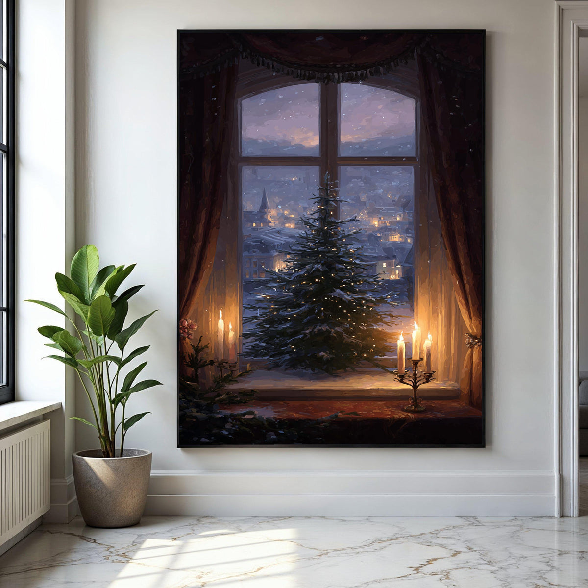 Cozy Winter Window Scene Canvas, Christmas Tree with Lights, Candlelit Holiday Decor, Snowy Village Landscape, Gift Art, Home Decor, Print