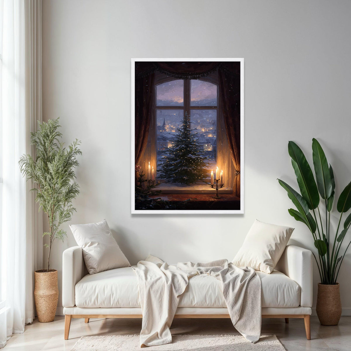 Cozy Winter Window Scene Canvas, Christmas Tree with Lights, Candlelit Holiday Decor, Snowy Village Landscape, Gift Art, Home Decor, Print