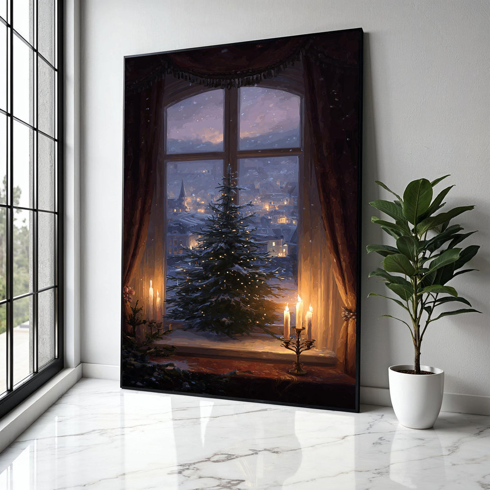 Cozy Winter Window Scene Canvas, Christmas Tree with Lights, Candlelit Holiday Decor, Snowy Village Landscape, Gift Art, Home Decor, Print
