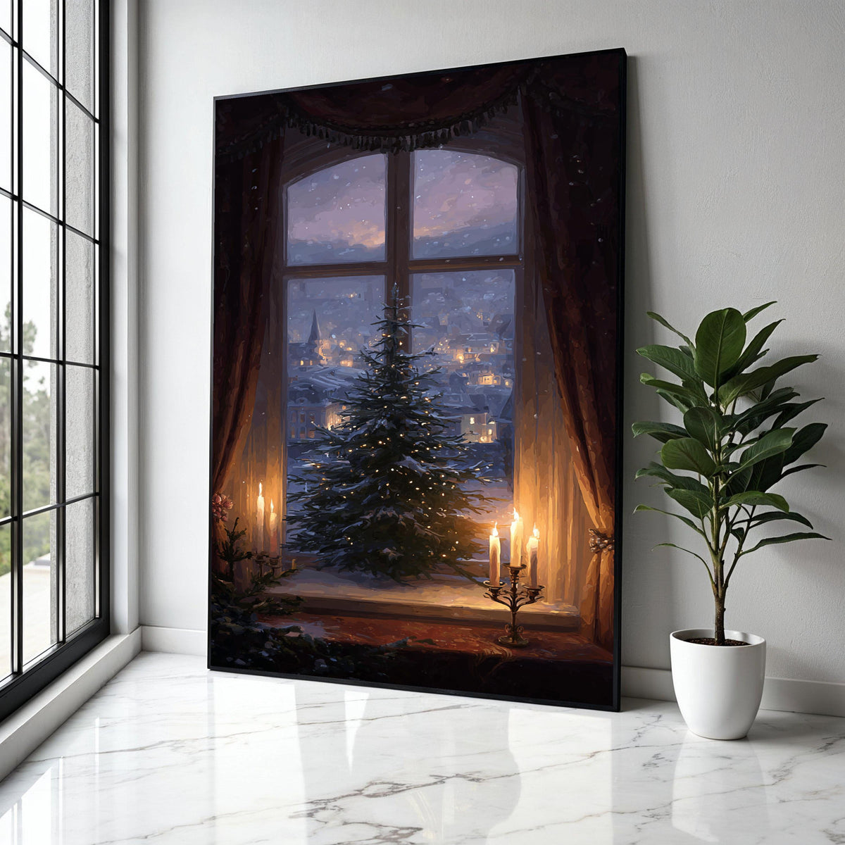 Cozy Winter Window Scene Canvas, Christmas Tree with Lights, Candlelit Holiday Decor, Snowy Village Landscape, Gift Art, Home Decor, Print