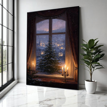 Cozy Winter Window Scene Canvas, Christmas Tree with Lights, Candlelit Holiday Decor, Snowy Village Landscape, Gift Art, Home Decor, Print