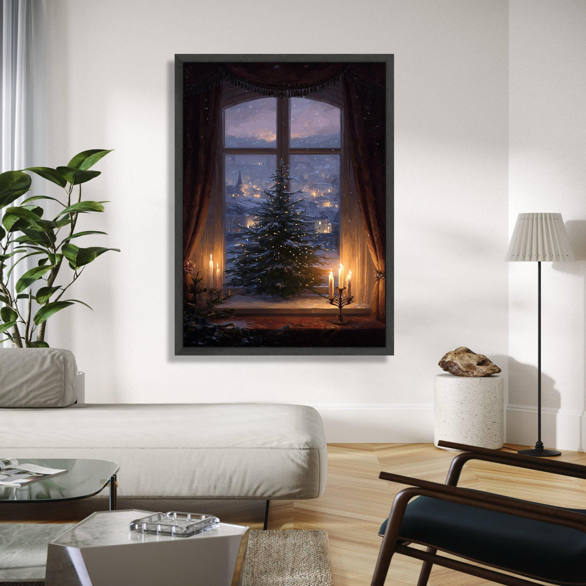 Cozy Winter Window Scene Canvas, Christmas Tree with Lights, Candlelit Holiday Decor, Snowy Village Landscape, Gift Art, Home Decor, Print