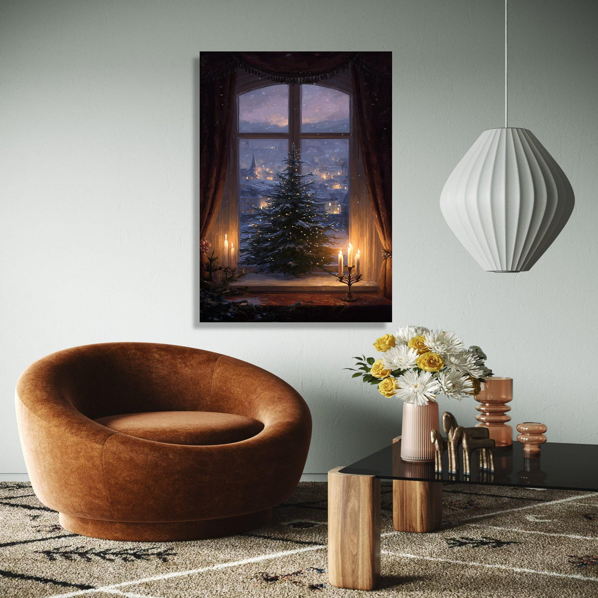 Cozy Winter Window Scene Canvas, Christmas Tree with Lights, Candlelit Holiday Decor, Snowy Village Landscape, Gift Art, Home Decor, Print