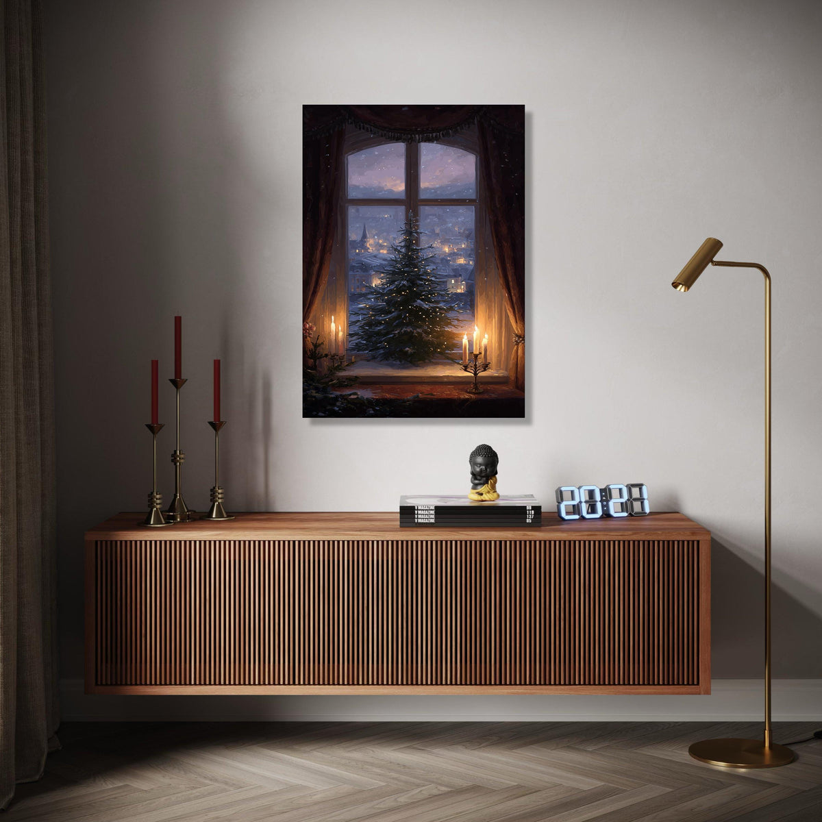 Cozy Winter Window Scene Canvas, Christmas Tree with Lights, Candlelit Holiday Decor, Snowy Village Landscape, Gift Art, Home Decor, Print